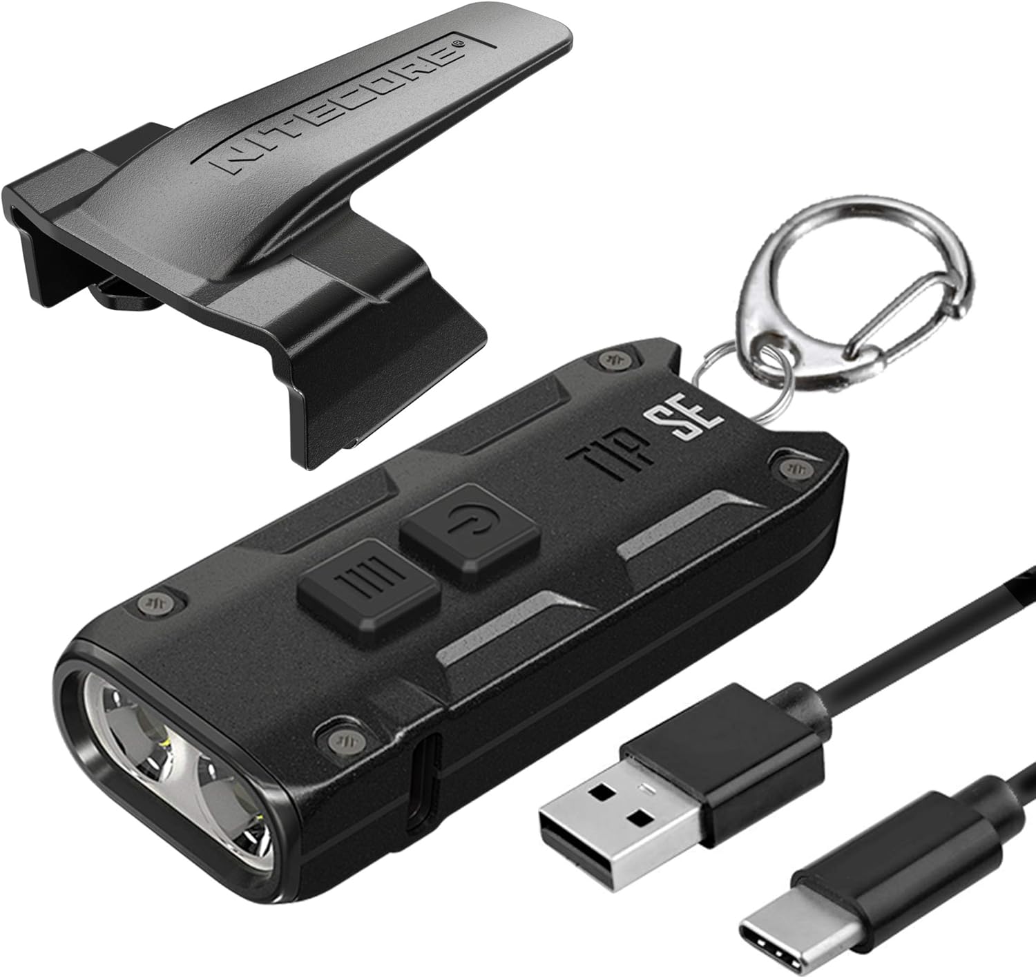 Nitecore TIP SE 700 lumen USB-C rechargeable keychain flashlight in black with dual OSRAM LEDs and pocket clip