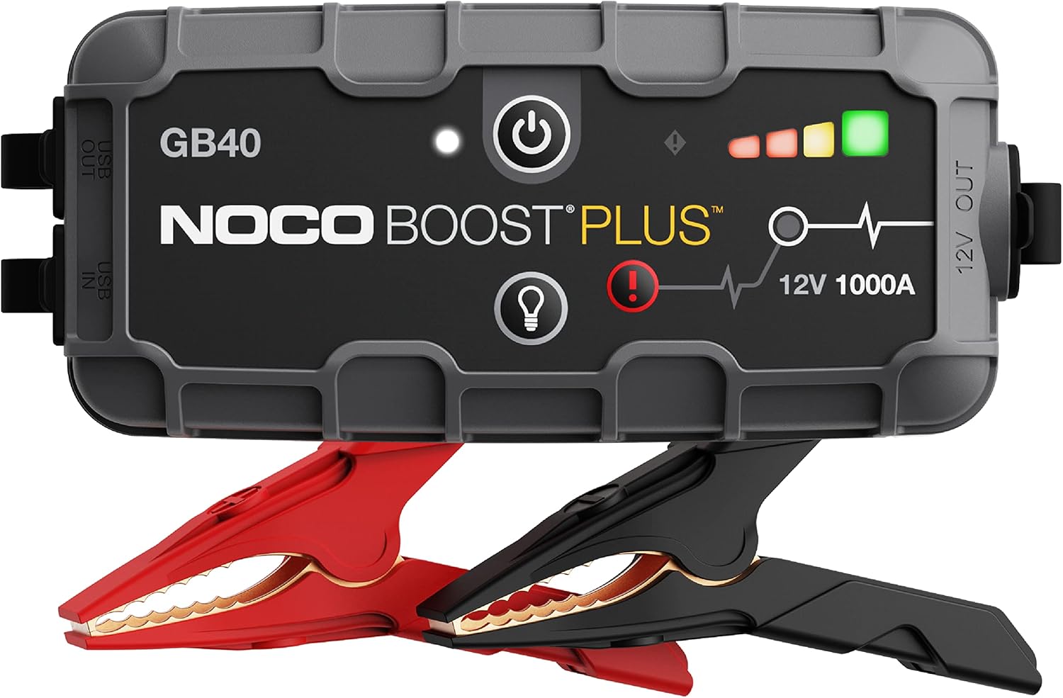 NOCO Boost GB40 portable lithium jump starter with clamps and yellow/black housing