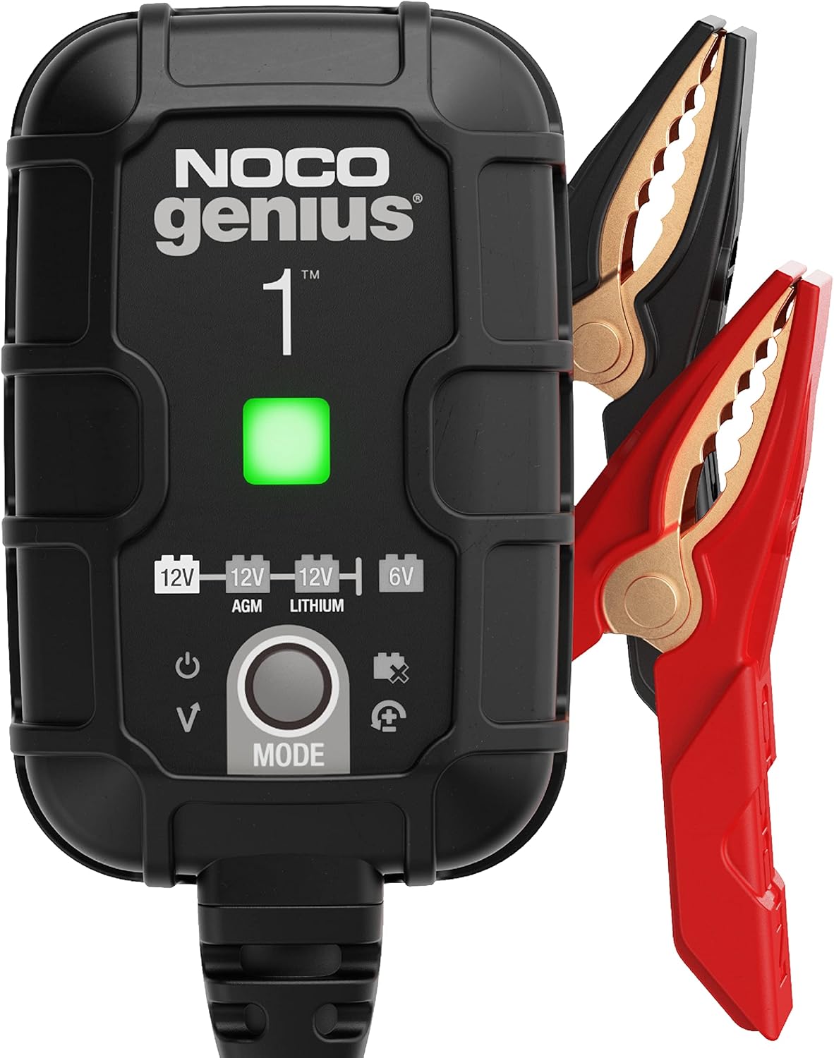NOCO GENIUS1 1A smart battery charger in black with compact design and integrated clamps