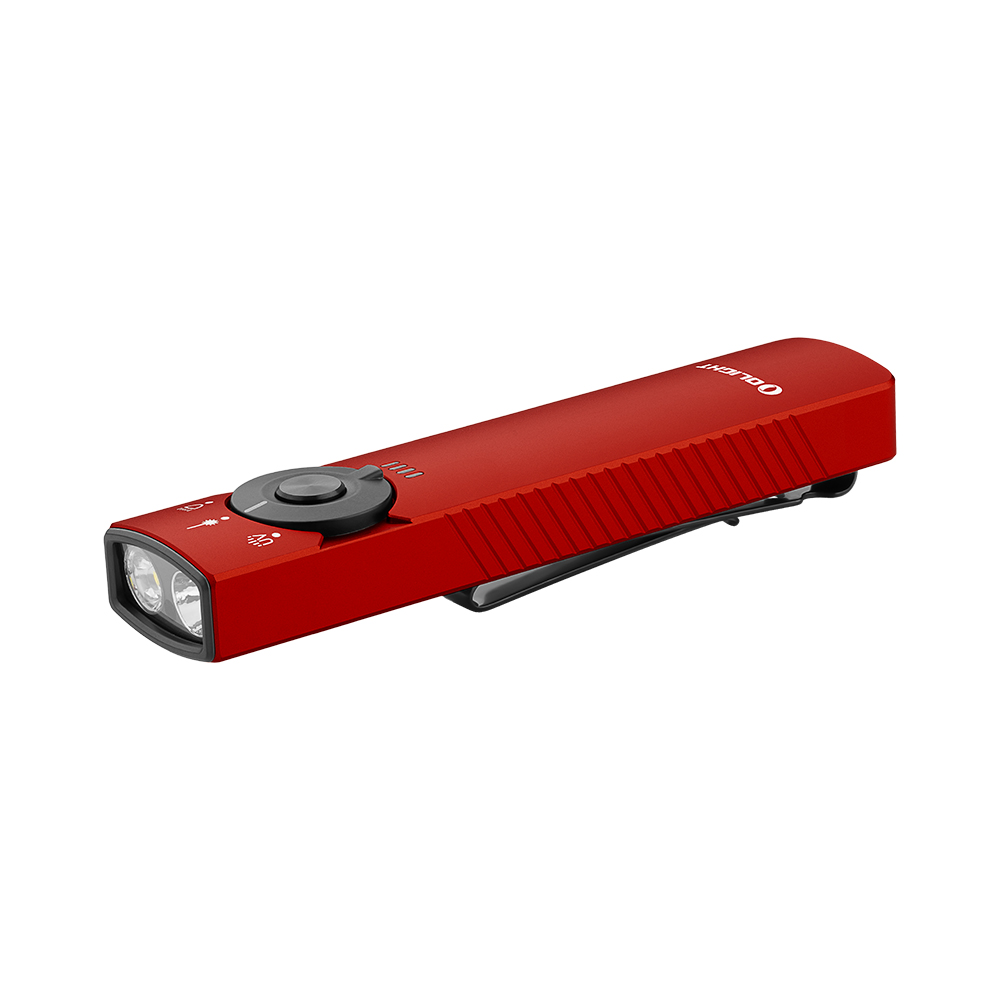 Olight Arkfeld Pro flat EDC flashlight in red with three light sources, mode dial, and pocket clip on white background