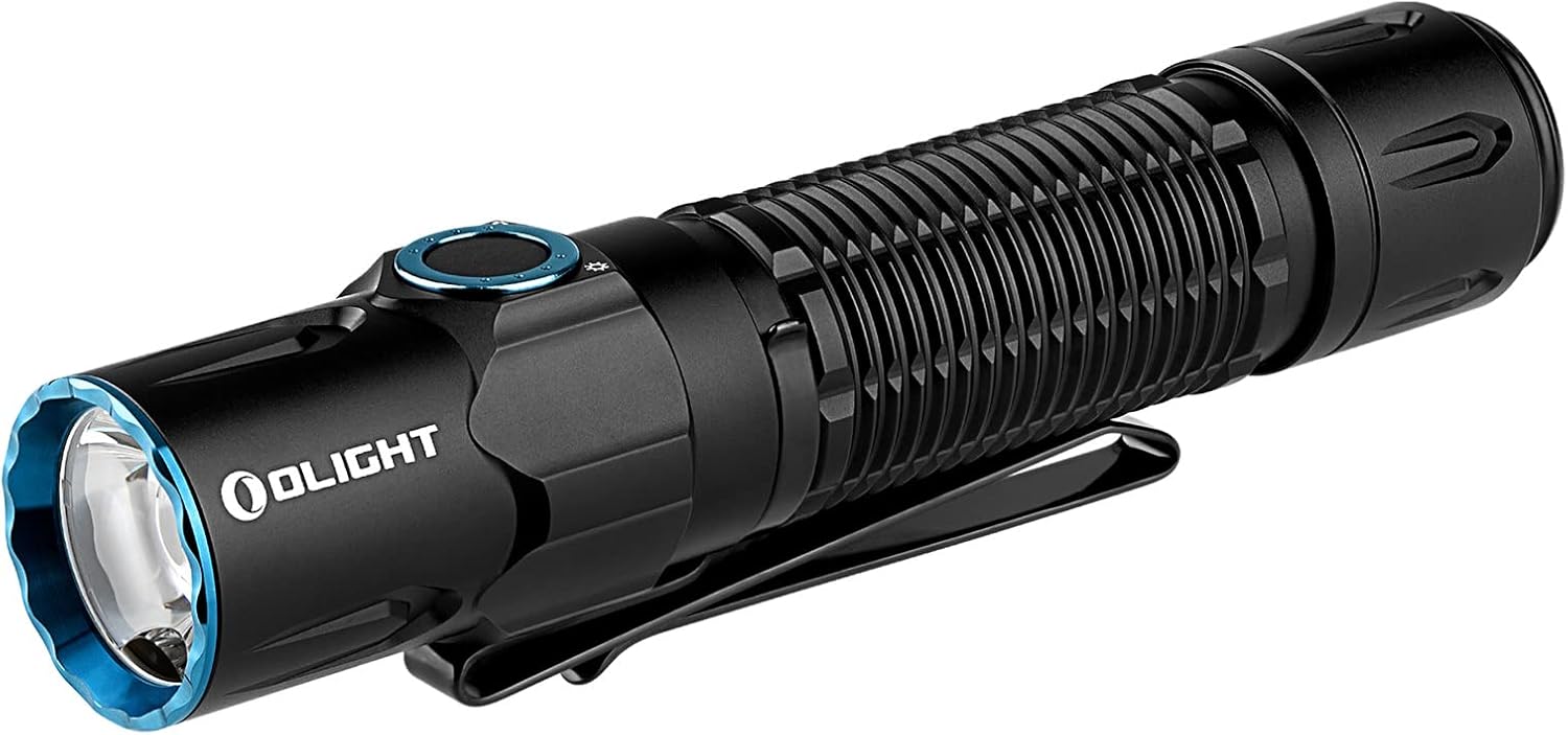 Olight Warrior 3S tactical flashlight with black aluminum body, blue bezel ring, and dual-switch design