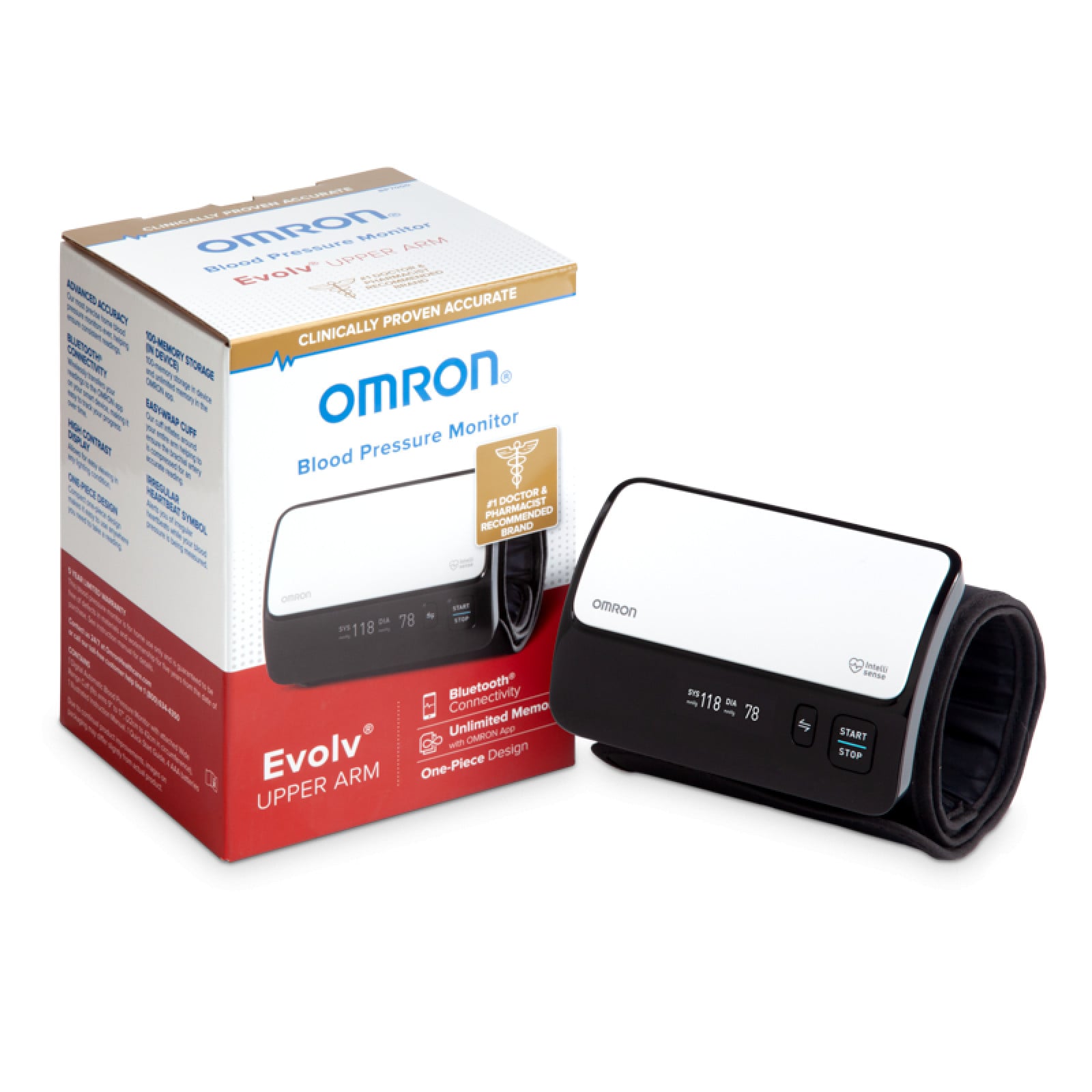 OMRON Evolv wireless upper arm blood pressure monitor with white tubeless one-piece cuff and black digital display next to retail box