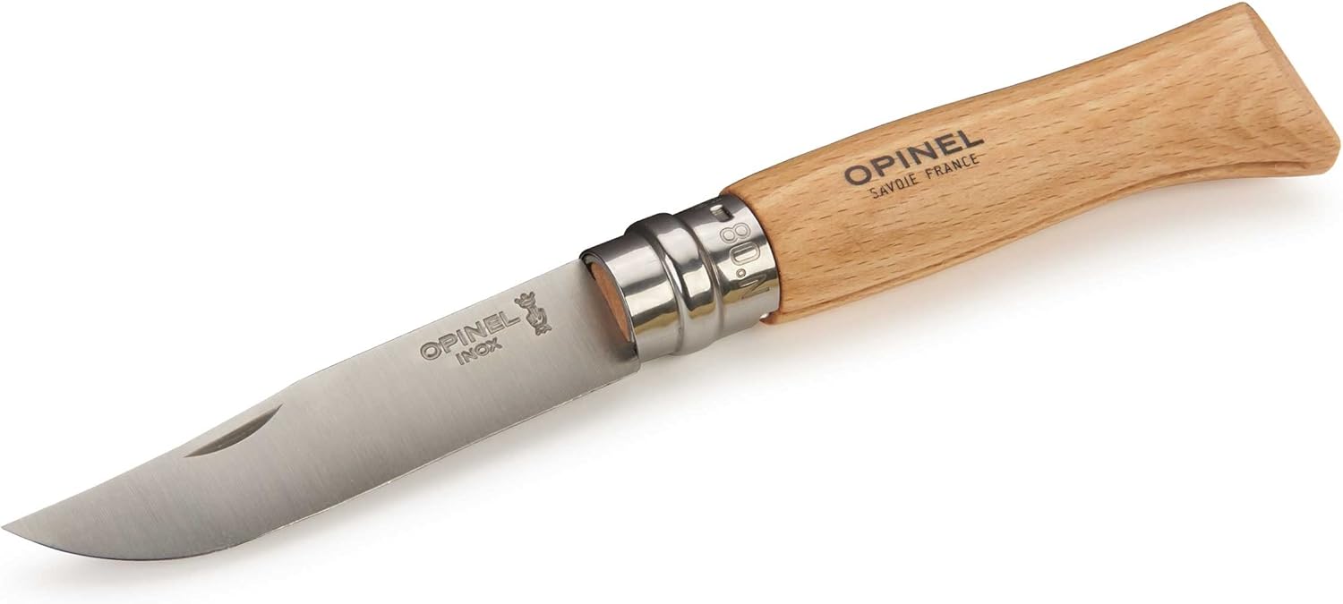 Opinel No. 08 stainless steel folding knife with varnished beechwood handle, INOX blade and ringed Virobloc safety collar