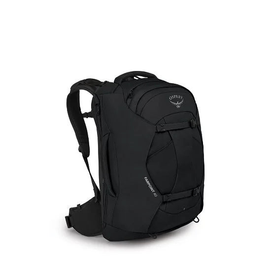 Osprey Farpoint 40 black travel backpack with padded shoulder straps and compression straps