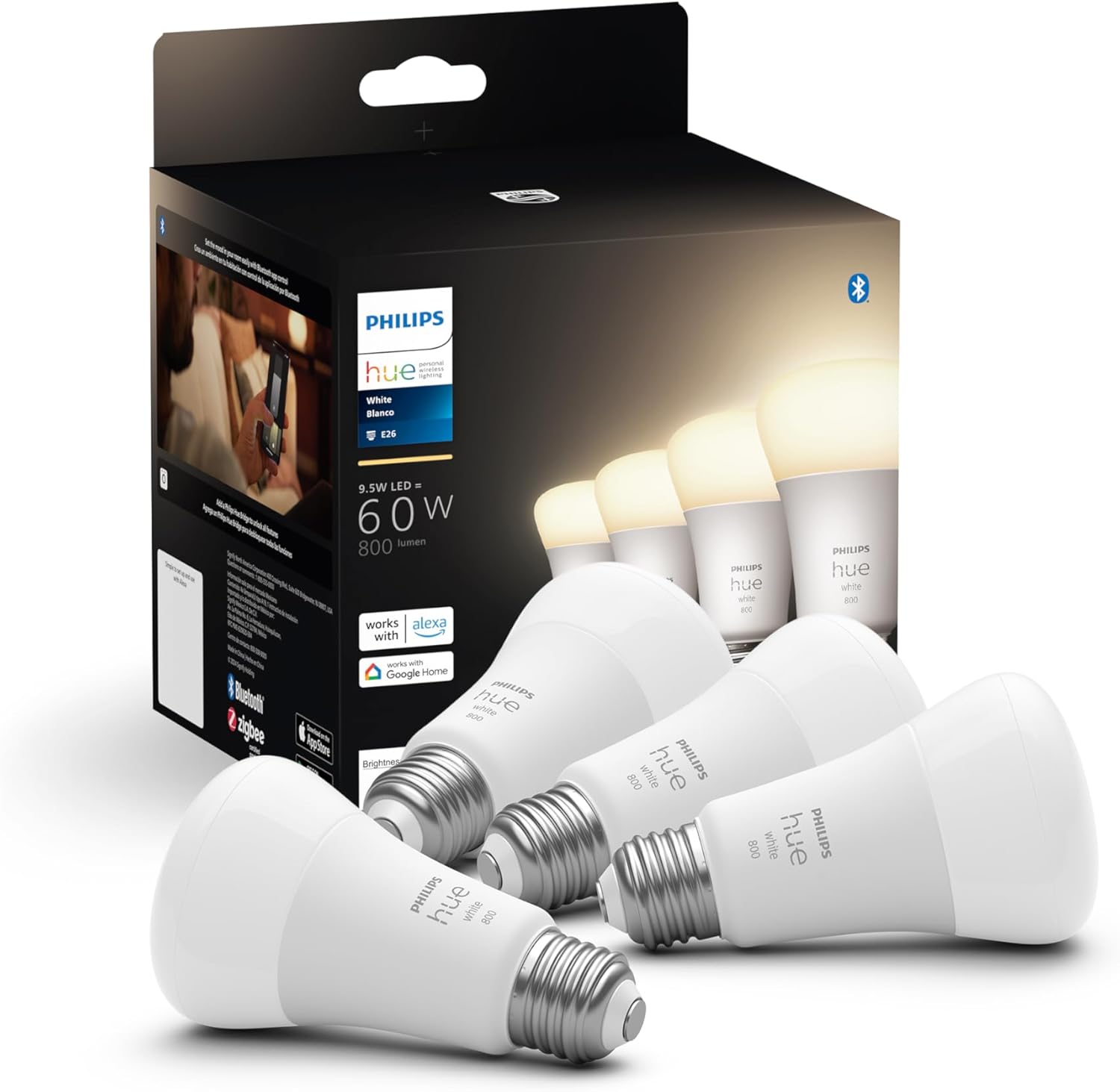 Philips Hue Smart 60W A19 LED Bulb 4-Pack soft warm white light with E26 base