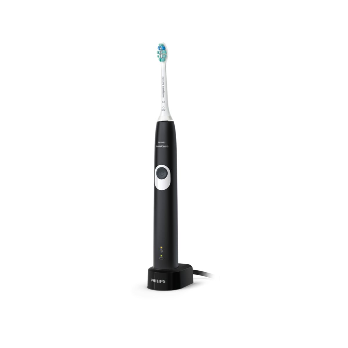Philips Sonicare ProtectiveClean 4100 electric toothbrush in black on charging base with green brush head