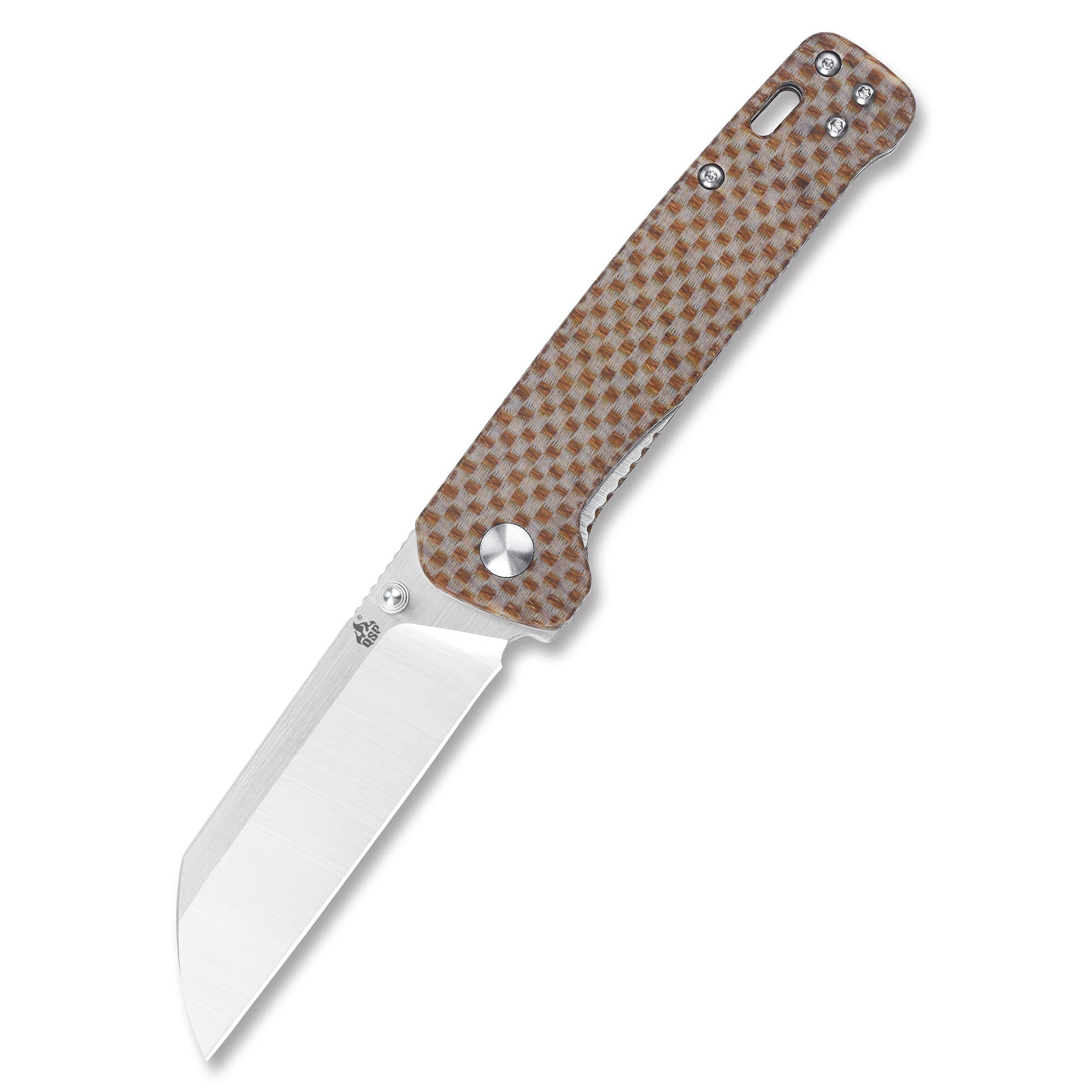 QSP Penguin QS130 folding knife with D2 steel sheepsfoot blade and brown textured micarta handle in open position