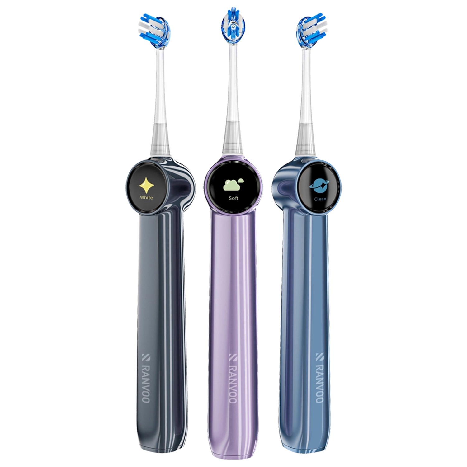 RANVOO AirJet X5 sonic electric toothbrush shown in three glossy colorways with round color mode displays reading White, Soft, and Clean, tipped with clear-necked round brush heads