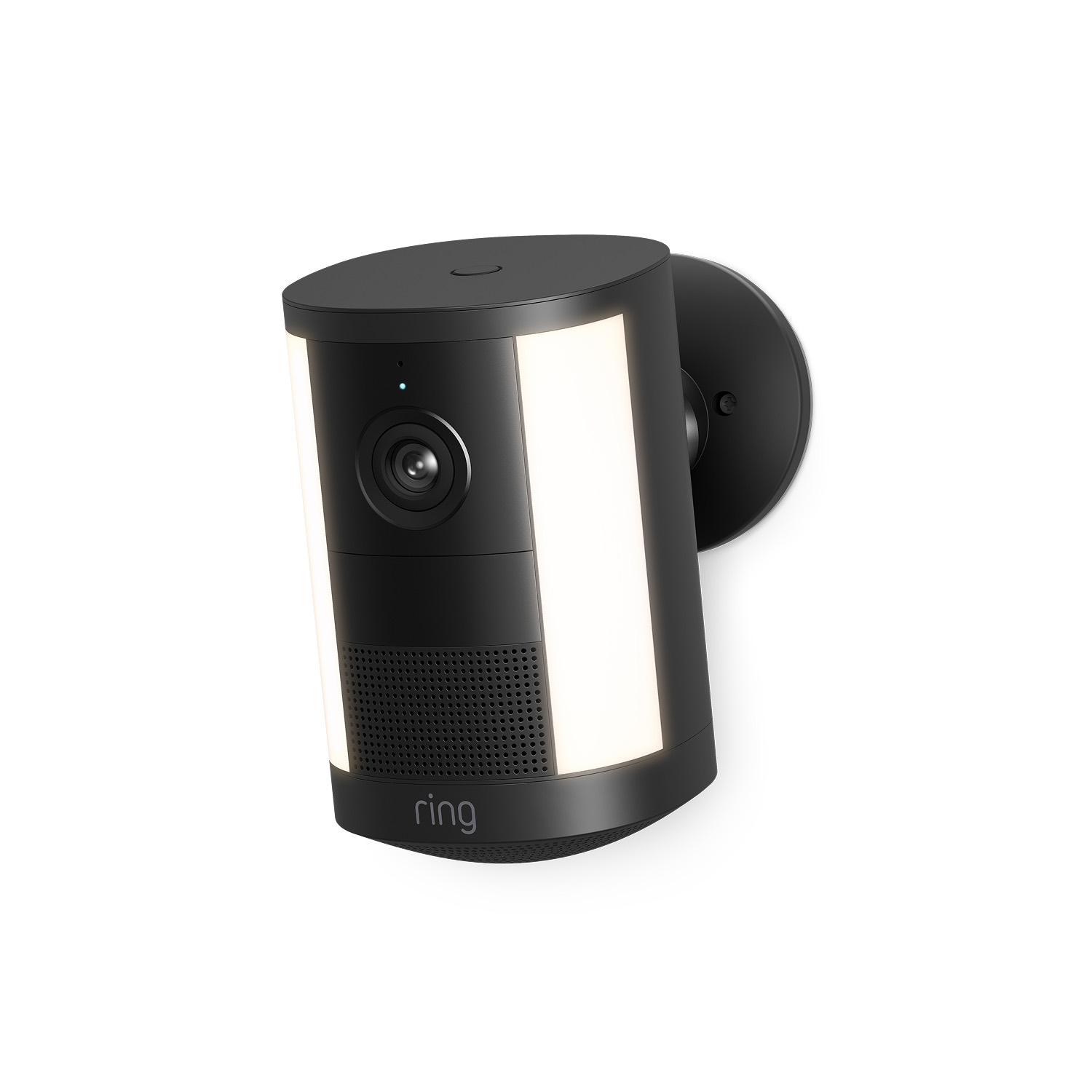 Ring Spotlight Cam (2nd Gen) battery security camera in black with two illuminated side spotlights