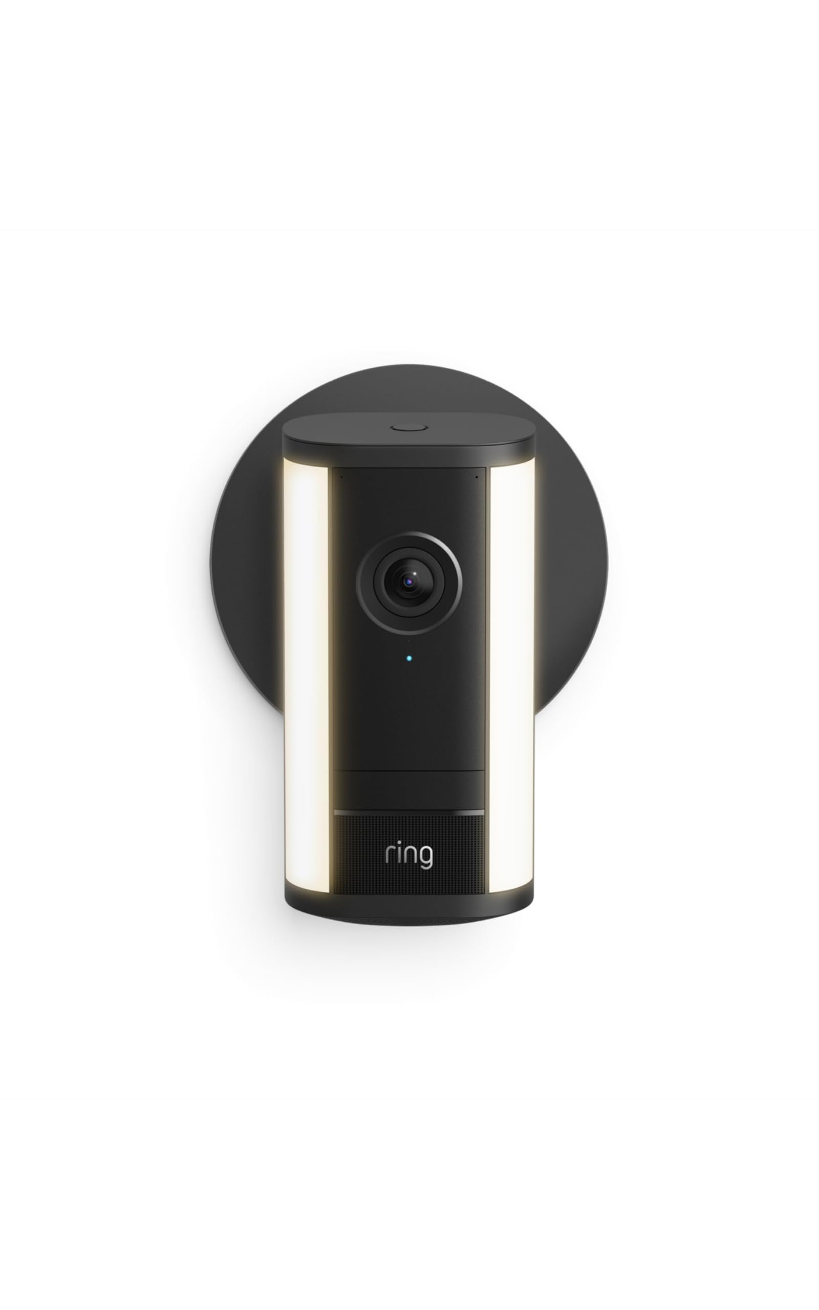 Black Ring Spotlight Cam Pro Wired 2nd Gen 4K outdoor camera with two illuminated side spotlights and round wall mount