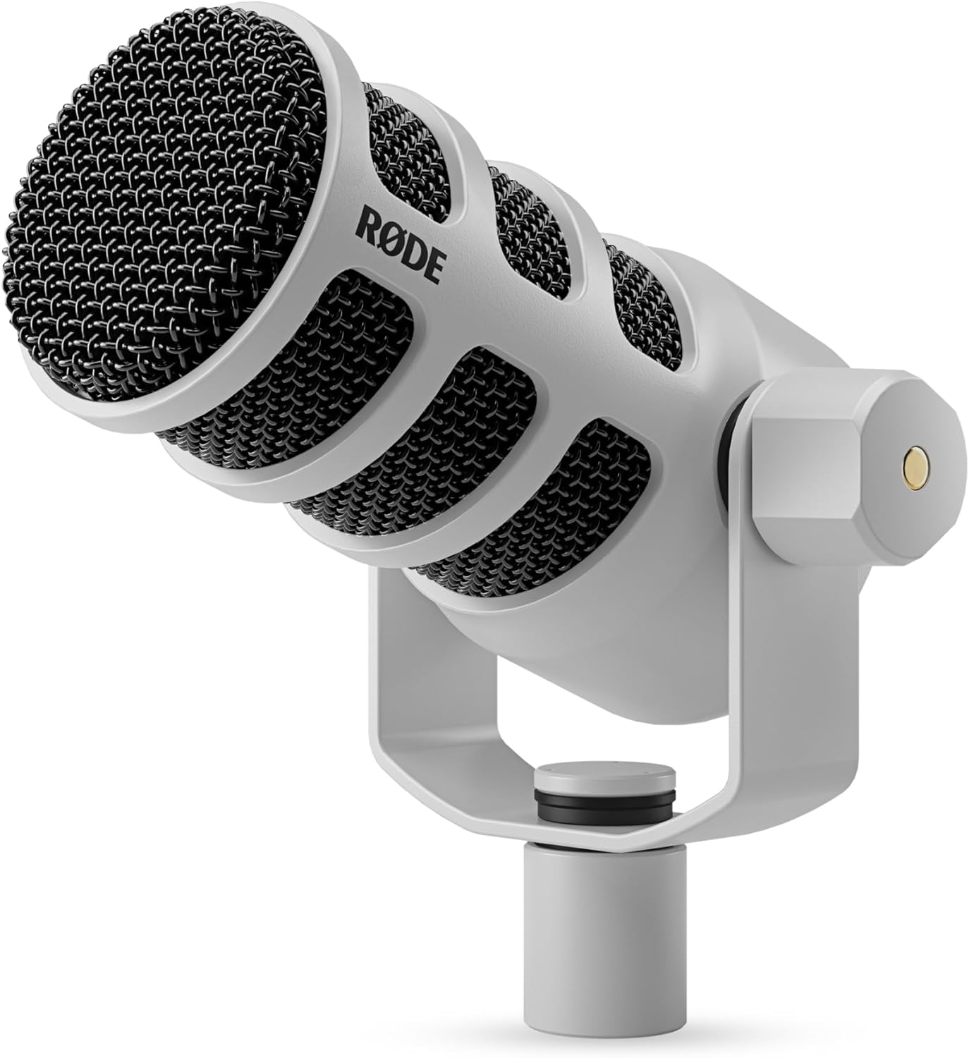 RØDE PodMic USB dynamic broadcast microphone in matte white with integrated swing mount and black mesh grille