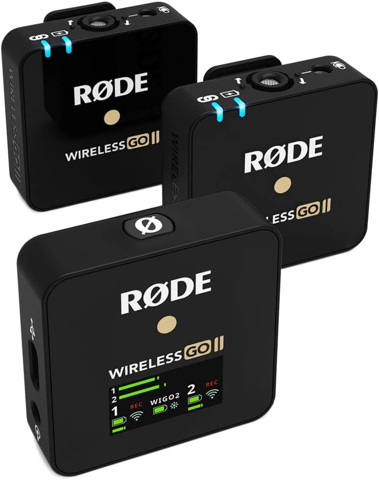 RØDE Wireless GO II dual-channel wireless microphone system with two black transmitters and one receiver