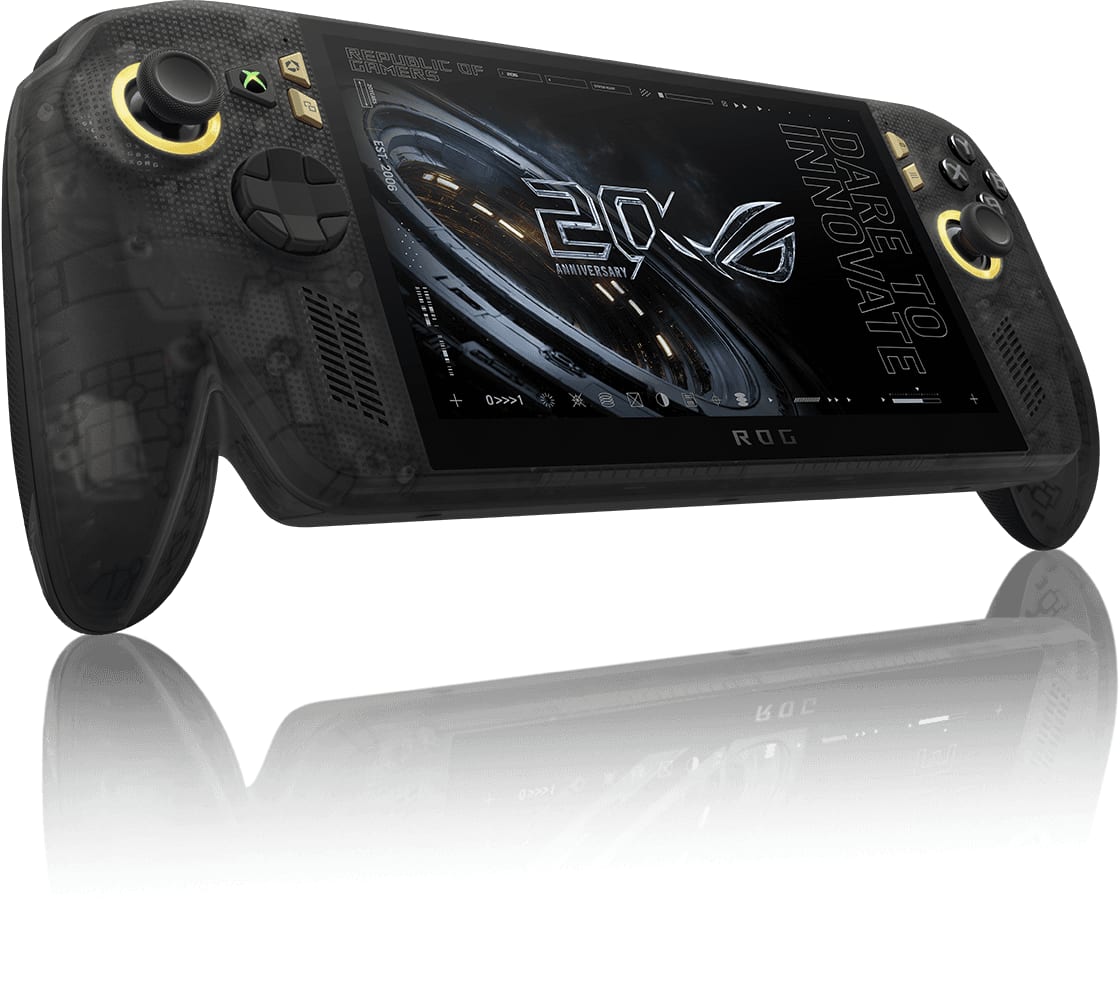 ROG Xbox Ally X20 handheld in translucent black with gold rings around both joysticks, angled to show its screen, reflected on a glossy surface below