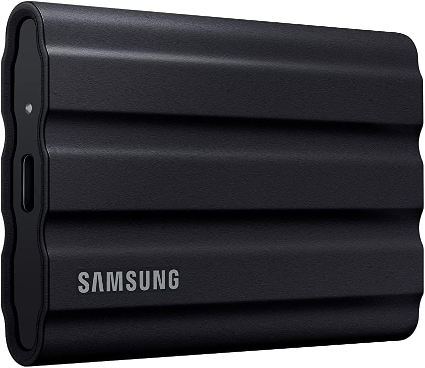 Samsung T7 Shield portable SSD in black with rugged rubber exterior and compact form factor