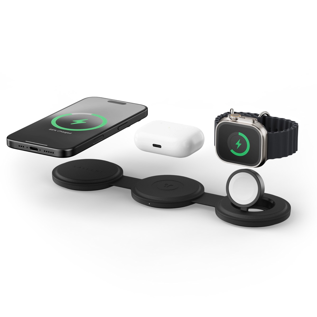 Satechi OntheGo 3-in-1 Charger foldable Qi2 travel charger in black with slim magnetic charging pads