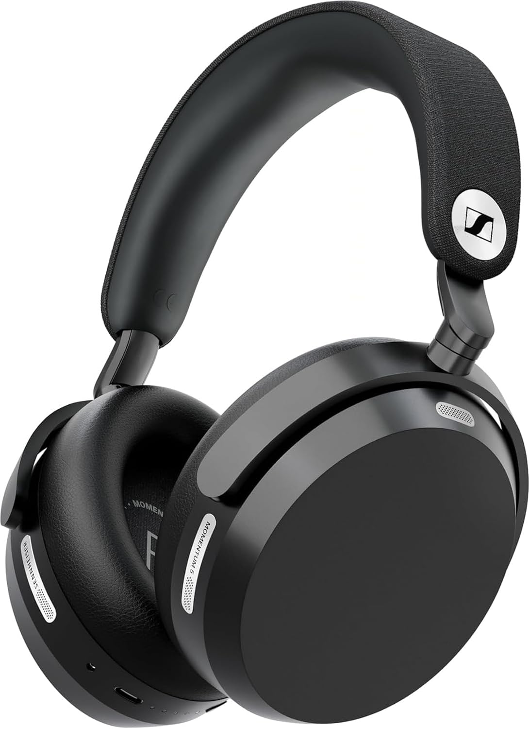 Sennheiser MOMENTUM 5 Wireless over-ear headphones in black, shown at an angle with the headband padding uppermost and one earcup facing the camera