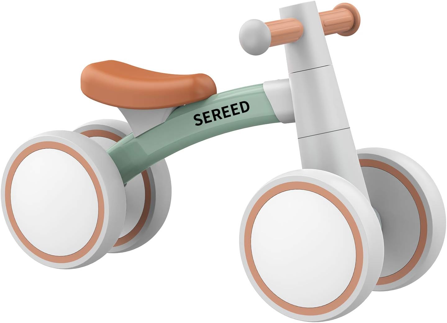 SEREED baby balance bike for toddlers, black no-pedal four-wheel first bike with aluminum frame, cushioned seat and wide closed wheels
