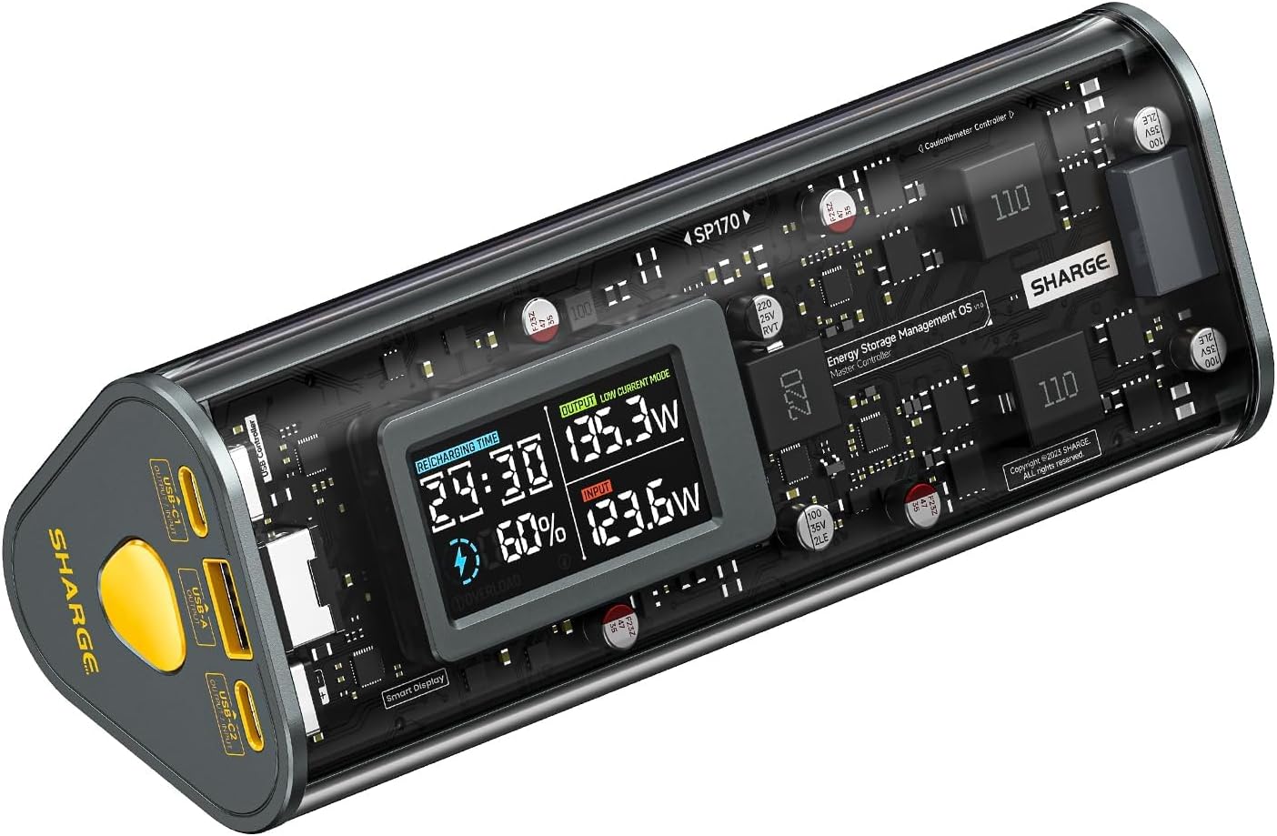 Shargeek 170 Power Bank with transparent case showing internal components, IPS display, and yellow USB ports