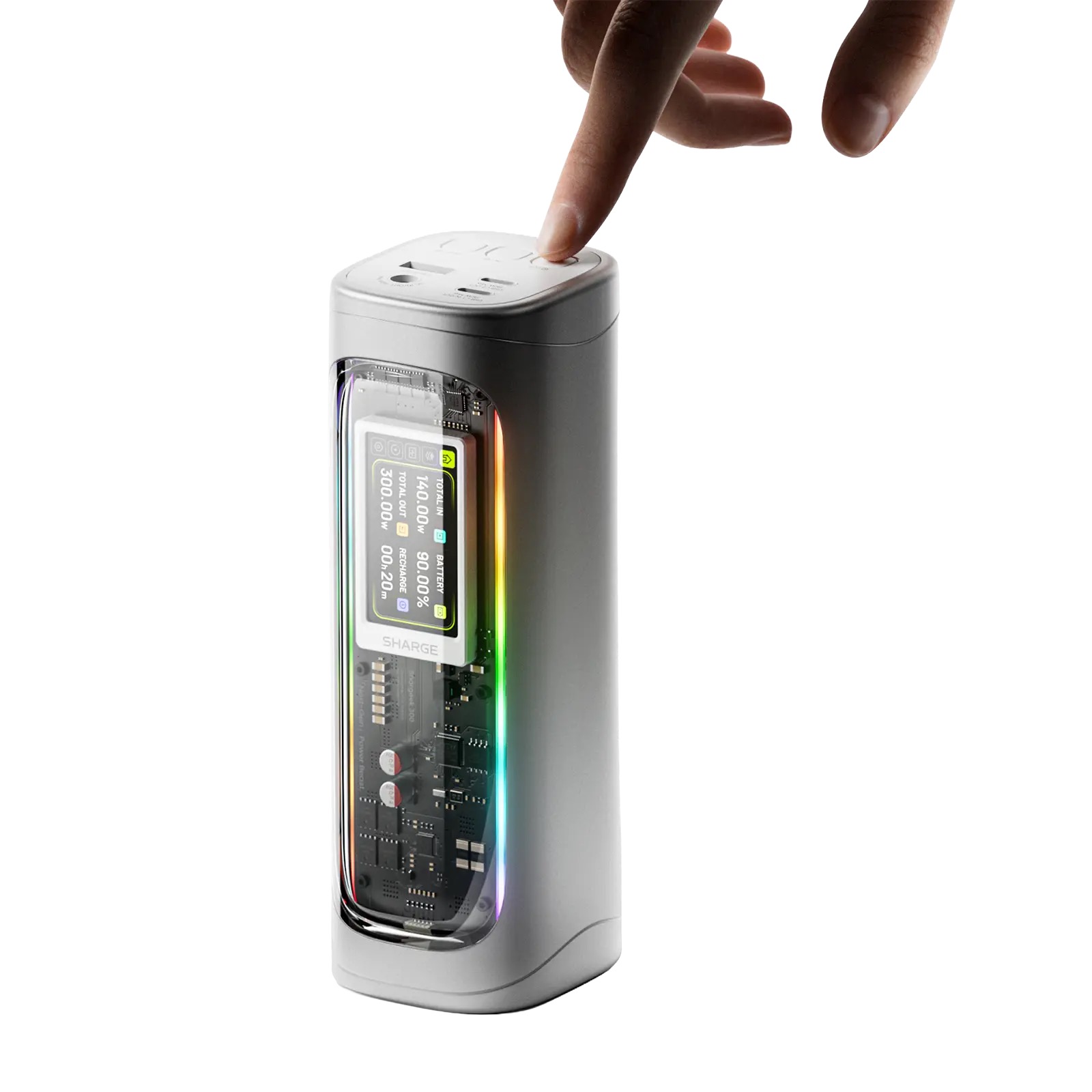 Shargeek 300 transparent power bank showing its smart display and internal cells