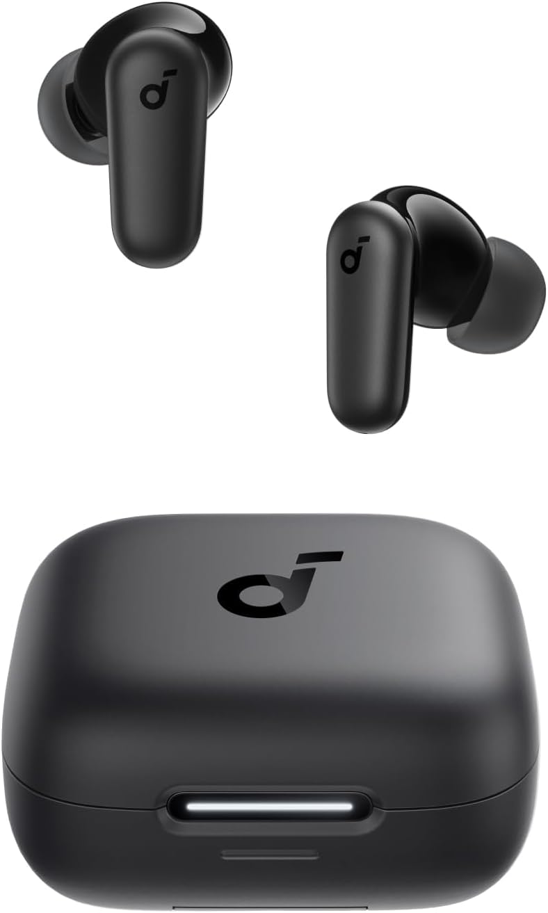 Soundcore P30i wireless ANC earbuds in black with charging case that doubles as phone stand