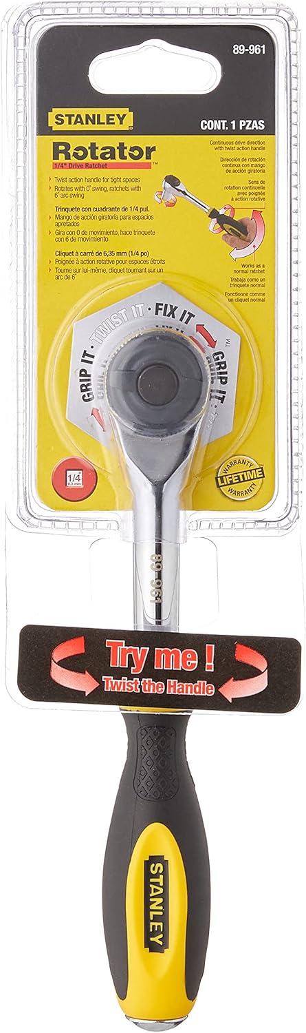 Stanley 89-961 1/4 inch drive rotator ratchet with yellow and black grip and polished chrome head