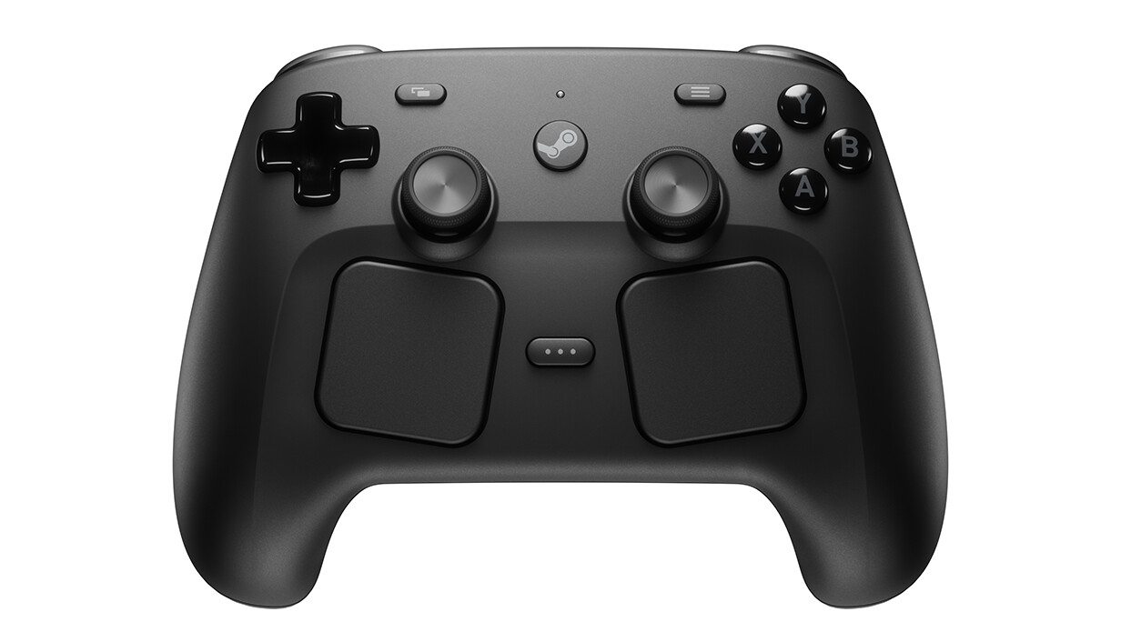 Valve Steam Controller front view: two thumbsticks under the D-pad and face buttons, two square trackpads below them