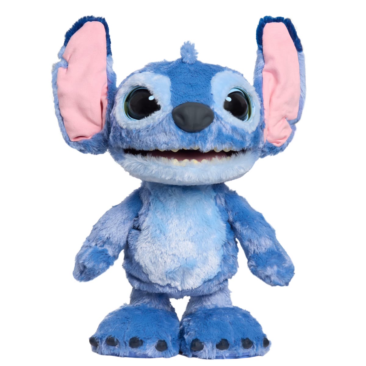 Disney Stitch Ultimate Interactive 17-inch plush toy standing upright with fuzzy blue fur, large pink-lined ears, moving black eyes and open smiling mouth on a white background