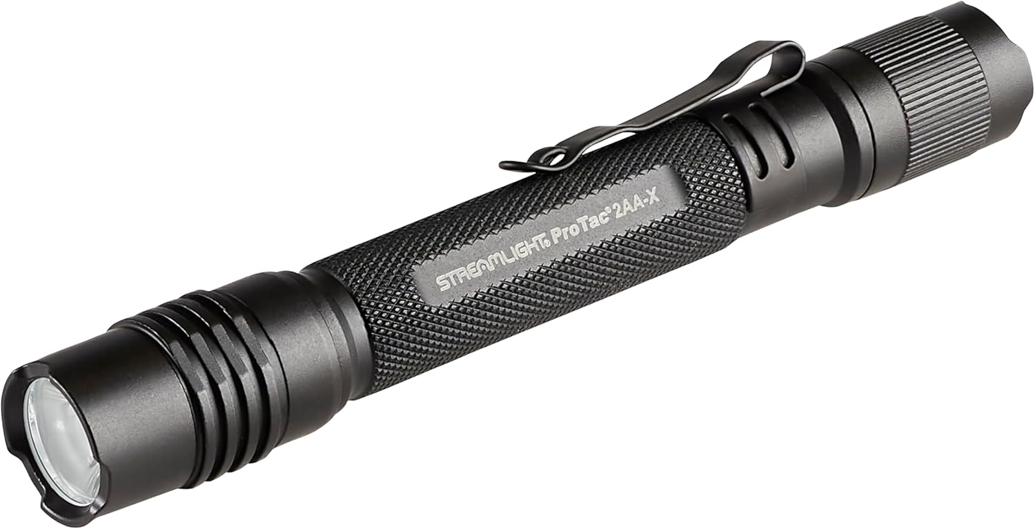 Streamlight ProTac 2AA-X tactical flashlight with black aluminum body and pocket clip