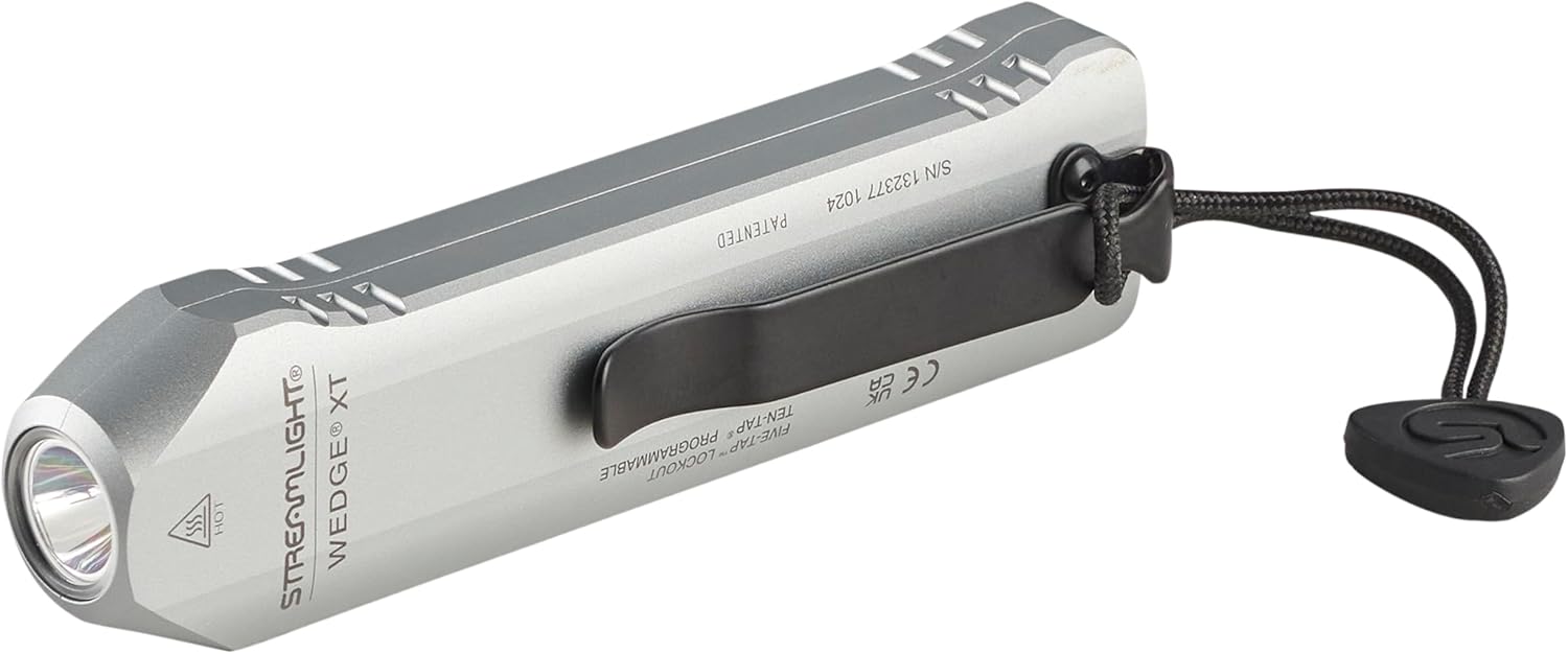 Streamlight Wedge XT slim rechargeable EDC flashlight with flat silver aluminum body and pocket clip on white background