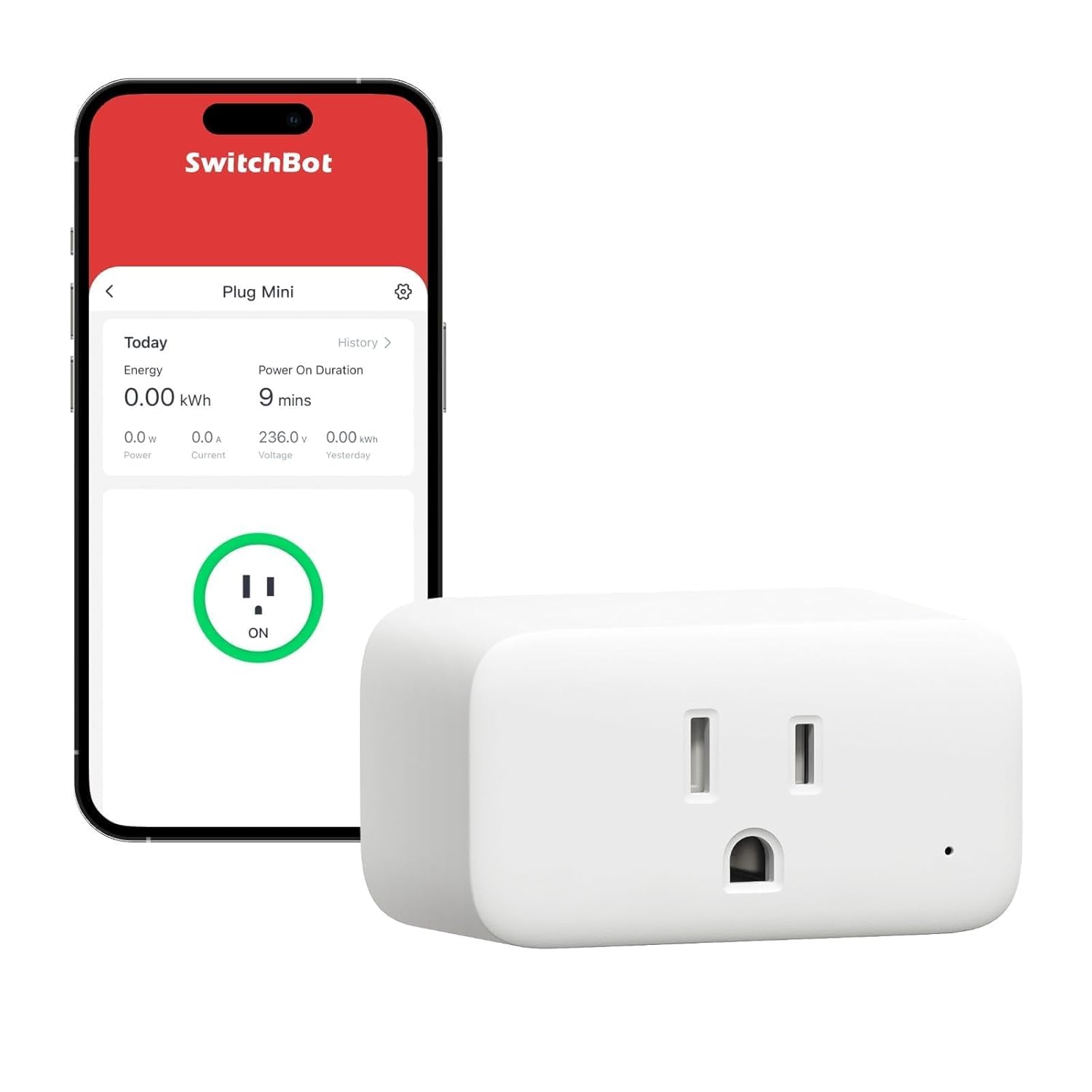 SwitchBot Smart Plug Mini compact white smart plug with single outlet and small status indicator