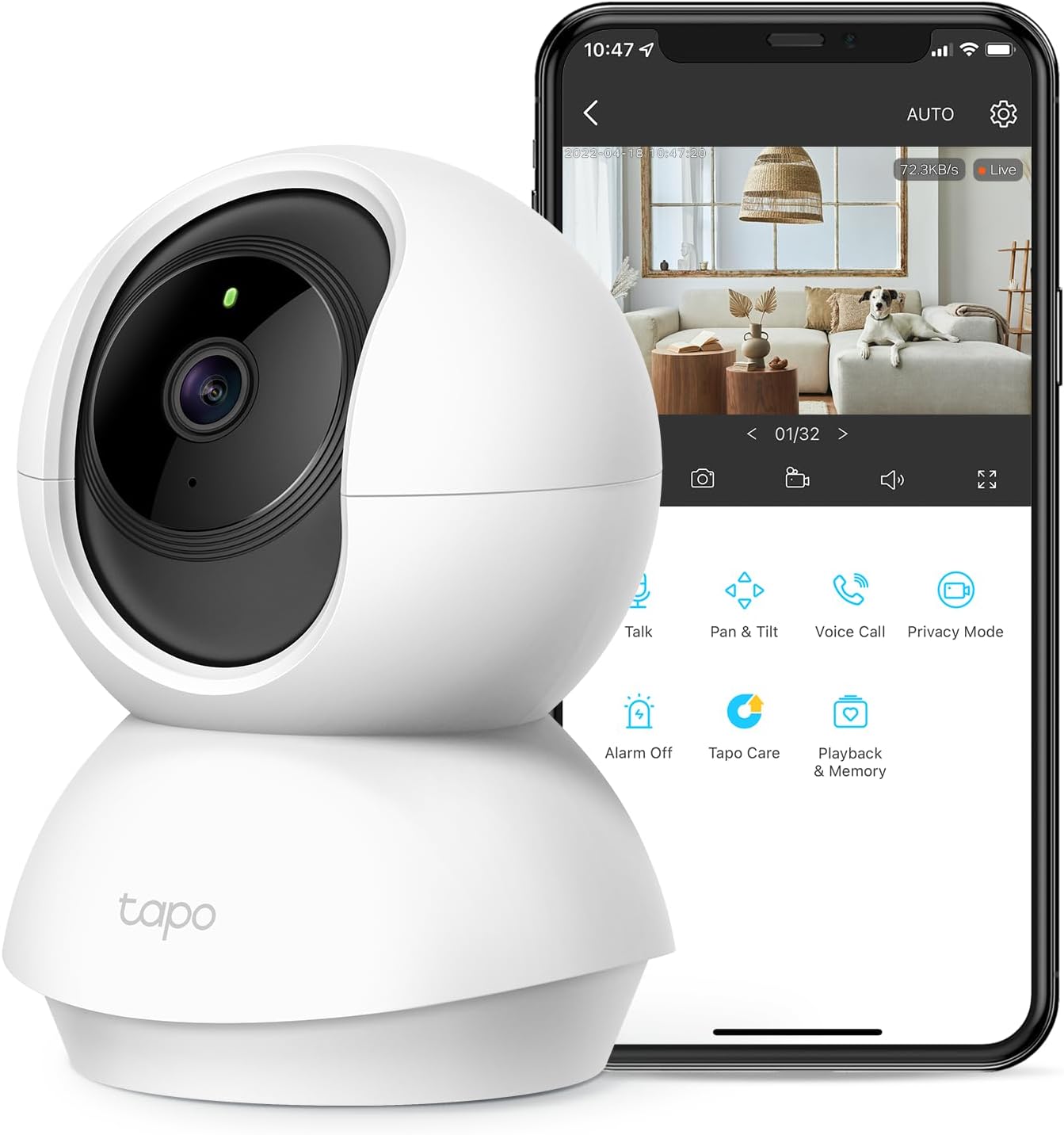 TP-Link Tapo C210 2K pan/tilt indoor security camera with white spherical design and rotating base