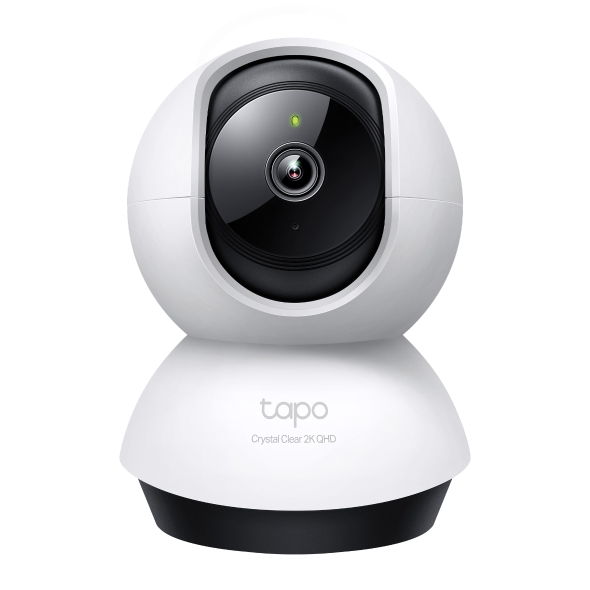 TP-Link Tapo C220 2K QHD pan/tilt indoor camera with white spherical design and rotating base