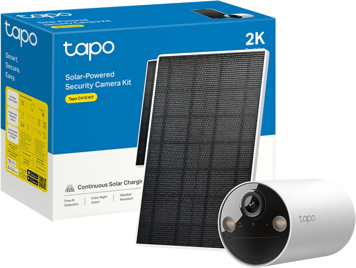 TP-Link Tapo C410 KIT solar outdoor security camera with white housing, black face, and bundled solar panel