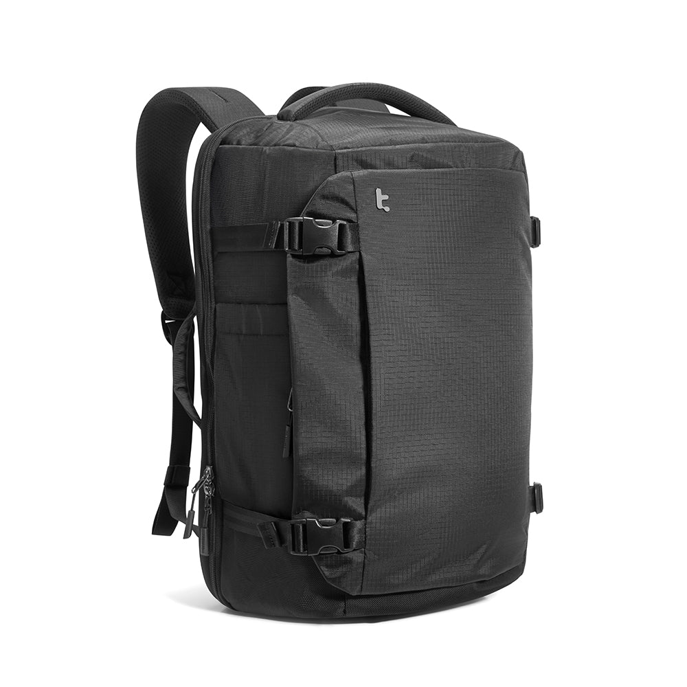 tomtoc Navigator-T66 Liteway 28L travel backpack in black with front compression straps and rectangular carry-on shape
