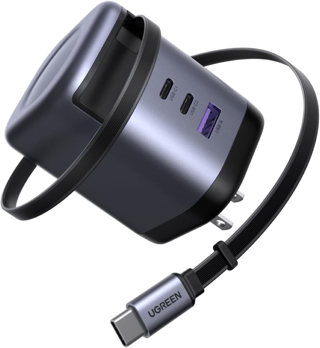 UGREEN Nexode 100W retractable GaN wall charger with built-in USB-C cable and compact dark gray block design