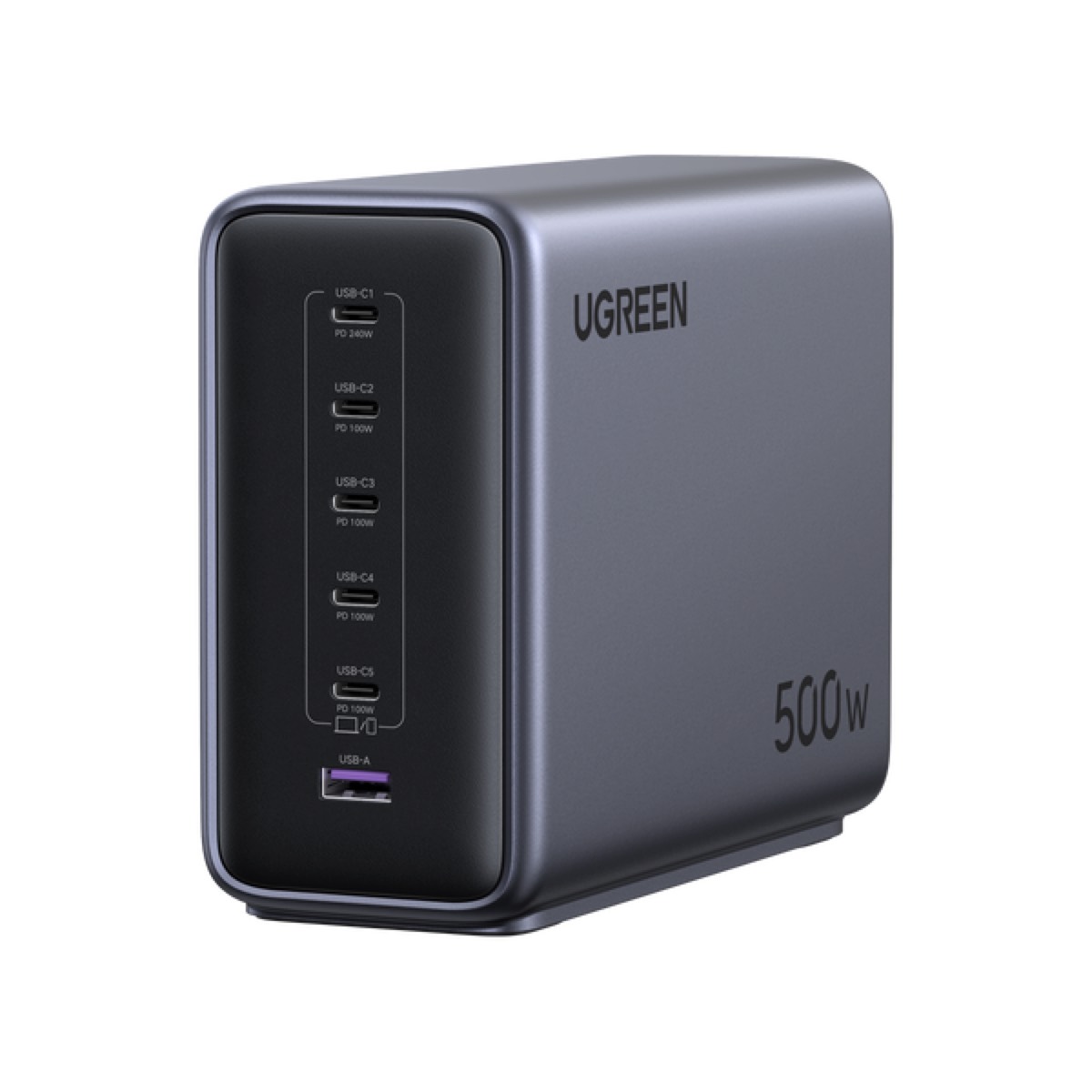 UGREEN Nexode 500W 6-port desktop charger with dark gray vertical body and front-facing USB-C and USB-A ports