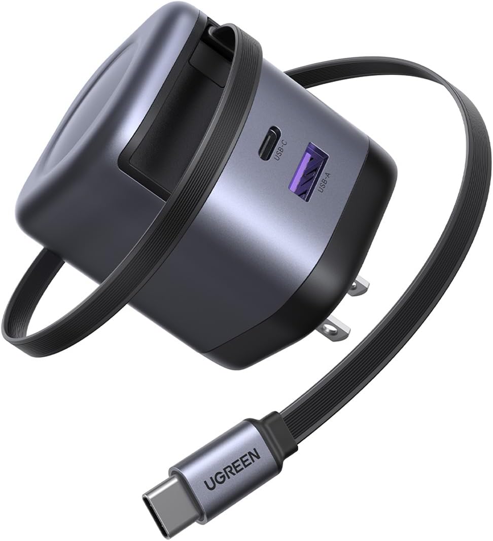 UGREEN Nexode 65W retractable charger with built-in USB-C cable and compact grey wall charger design