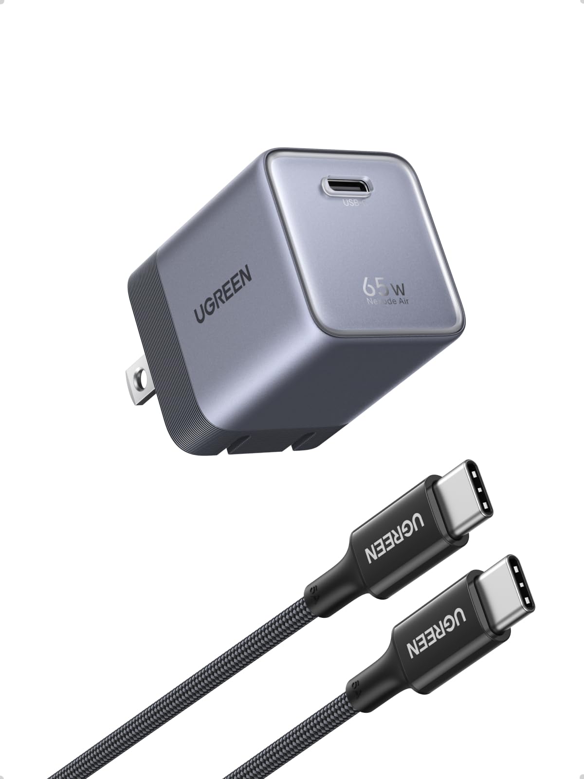 UGREEN Nexode Air 65W USB-C charger with compact gray body, foldable plug, and single USB-C port