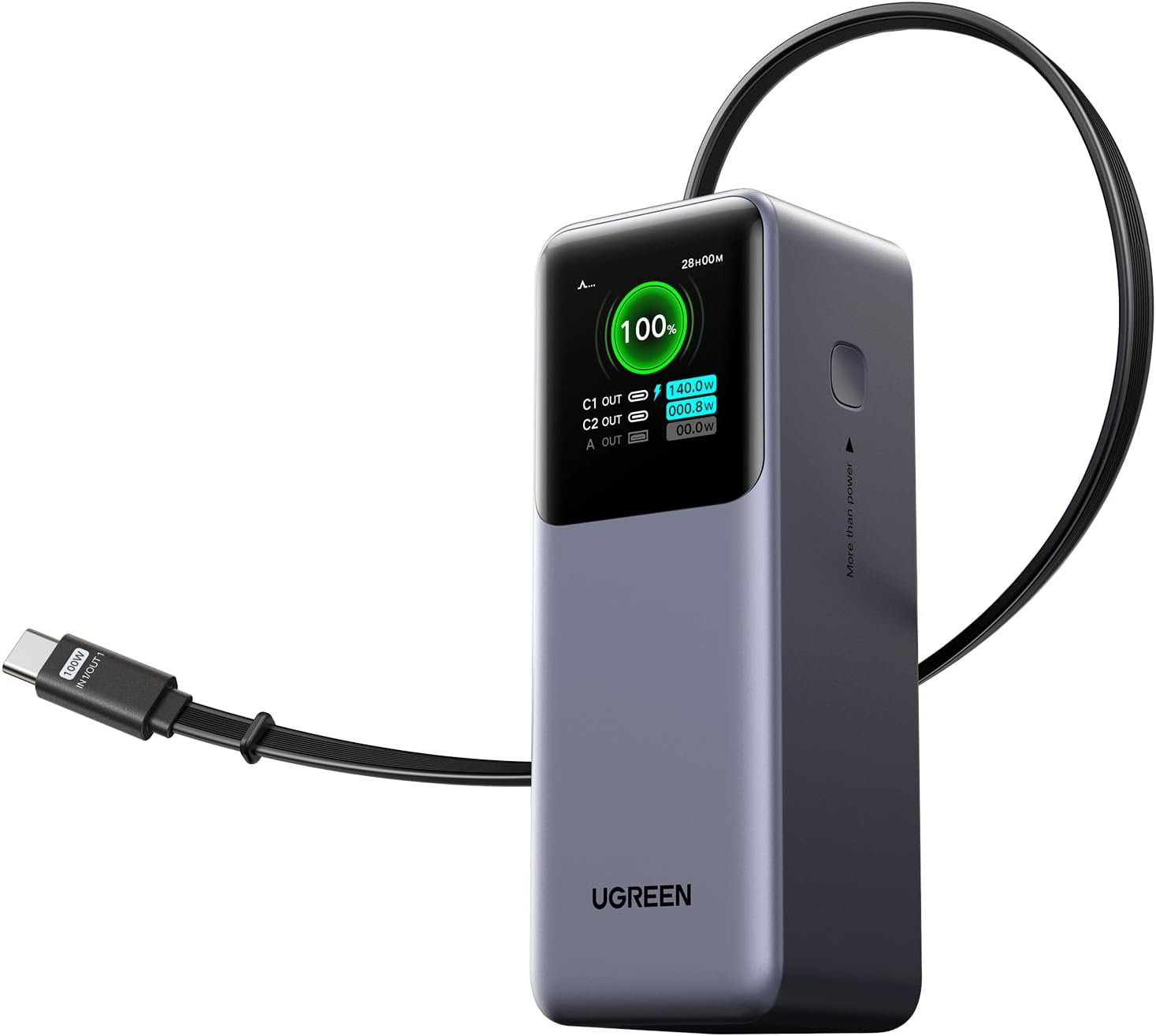UGREEN Nexode Power Bank 20000mAh 165W portable charger with black rectangular body, retractable USB-C cable, and color display