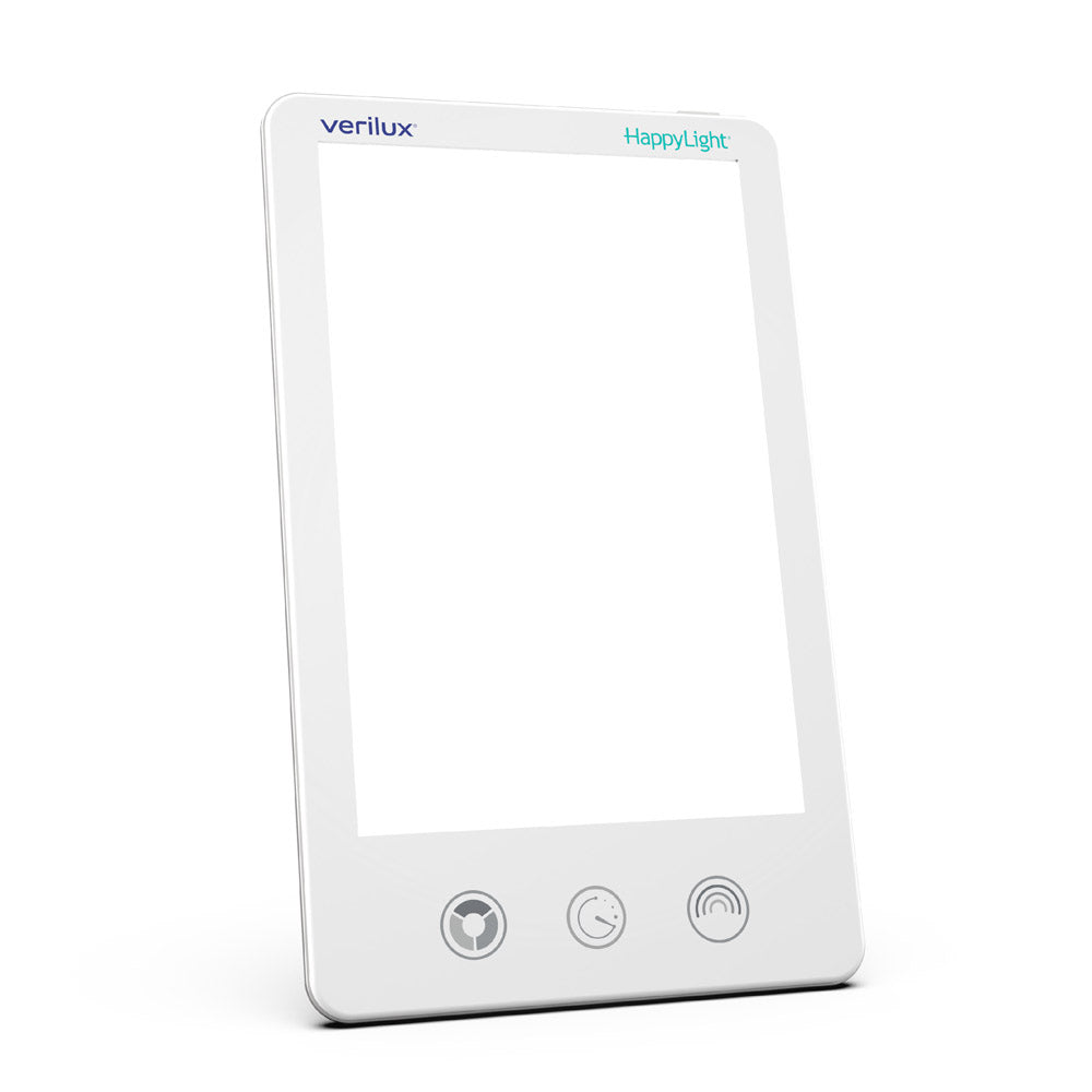 Verilux HappyLight Luxe UV-free 10,000 lux LED light therapy lamp, a slim white tablet-style panel with three touch controls on the front