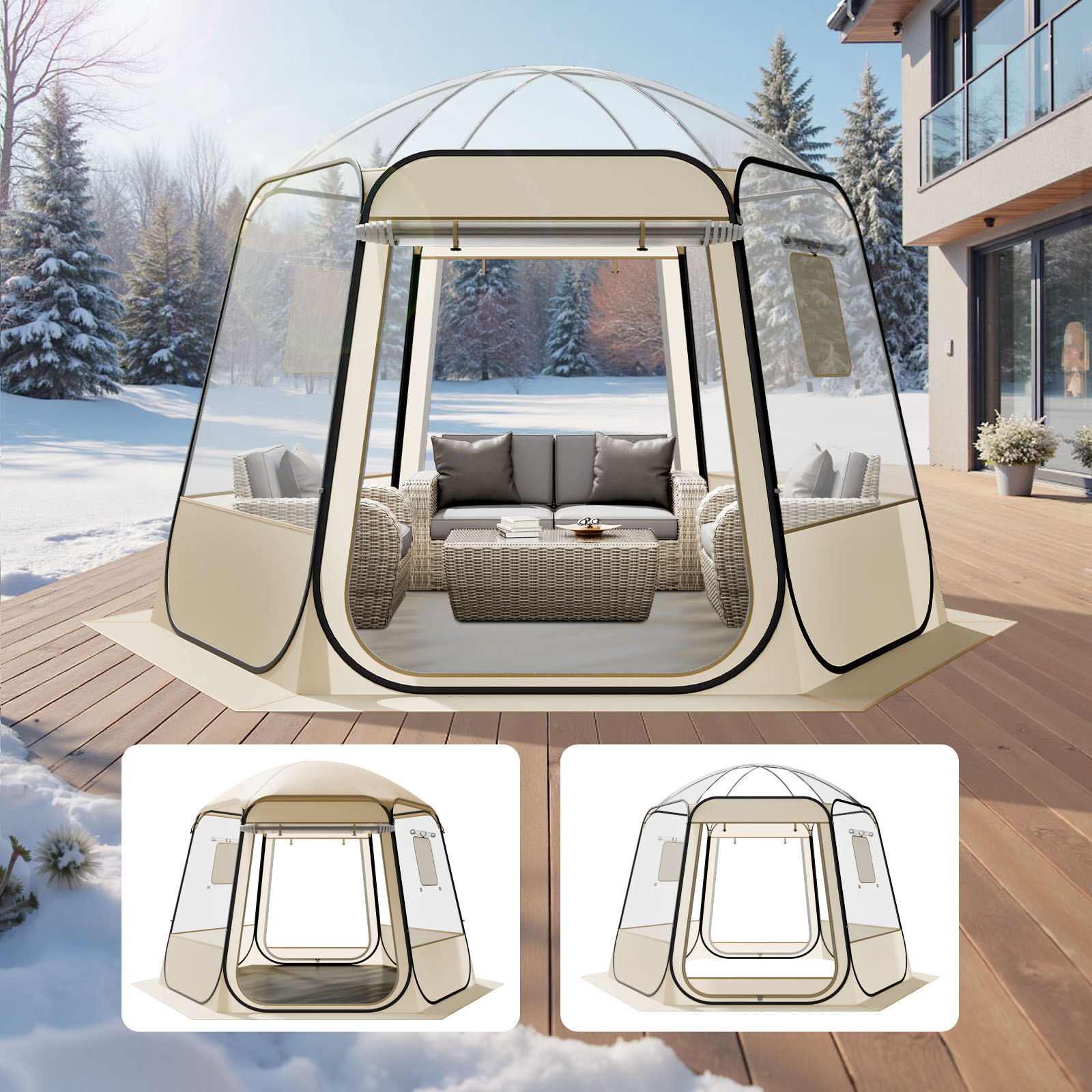 VEVOR Pop Up Bubble Tent, a clear 10 x 9.2 ft dome igloo tent set up on a wood deck with patio furniture inside and a snowy treeline behind
