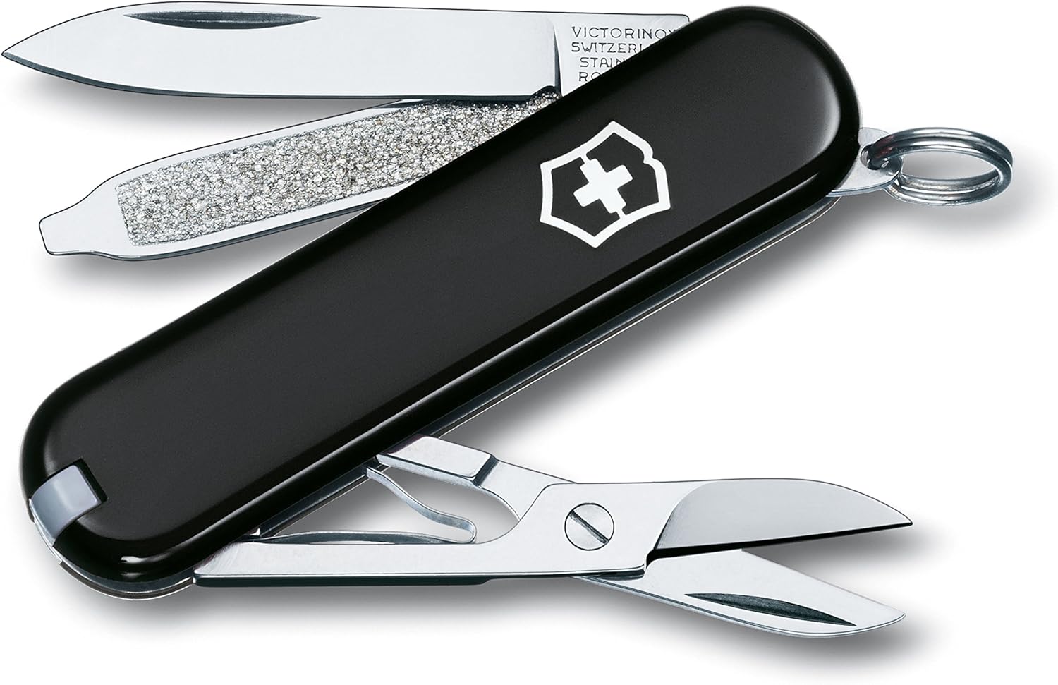Victorinox Classic SD Swiss Army knife in black with blade, scissors, and nail file tools deployed