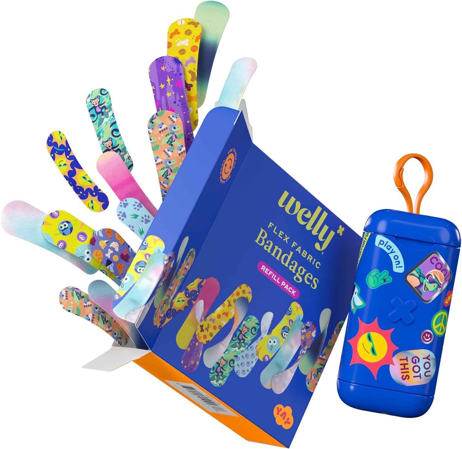 Welly Bandage Clip N' Go portable clip-on case with colorful flex fabric bandages in assorted patterns and sizes
