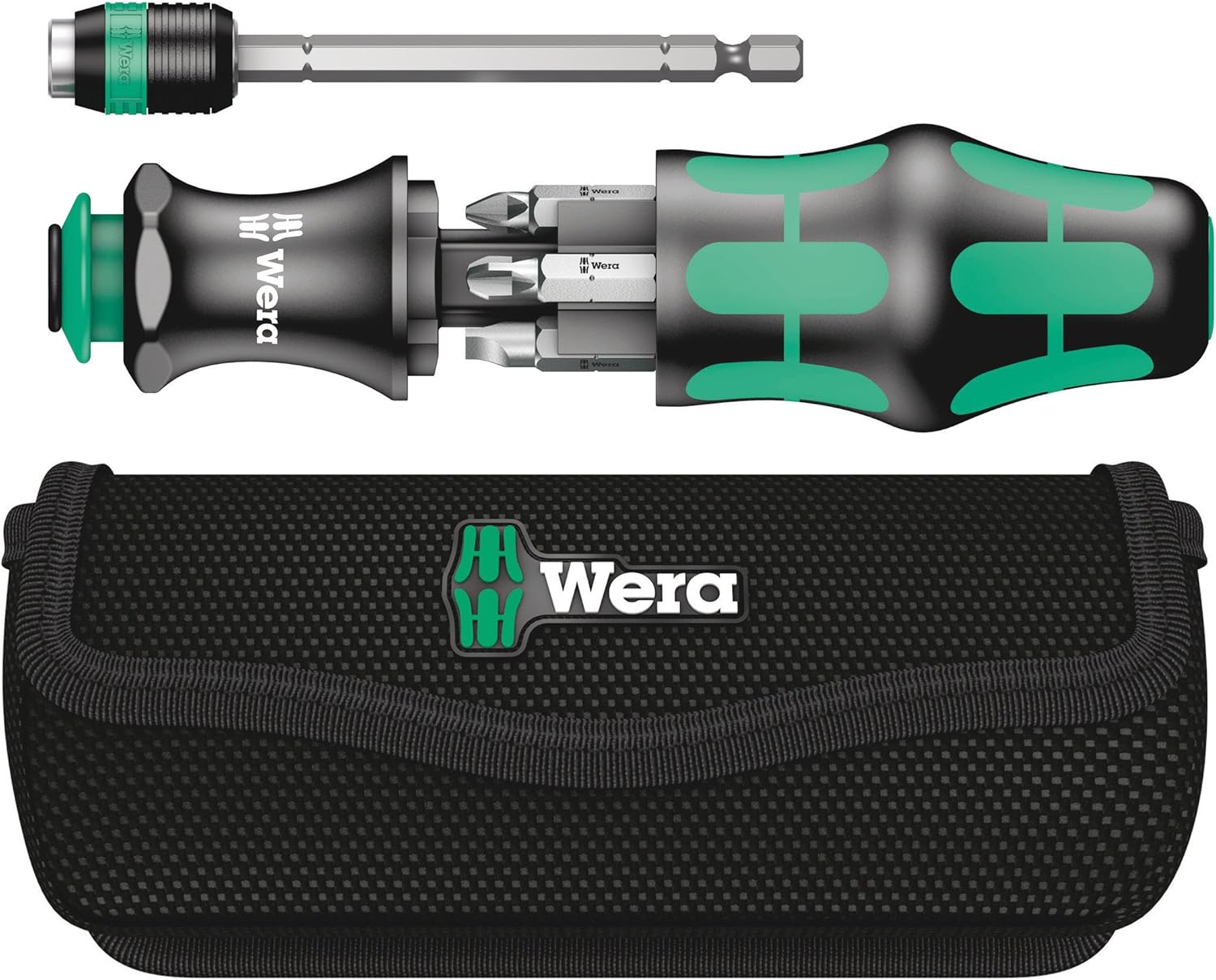 Wera Kraftform Kompakt 25 compact screwdriver set with black and green ergonomic handle, bayonet blade, and belt pouch