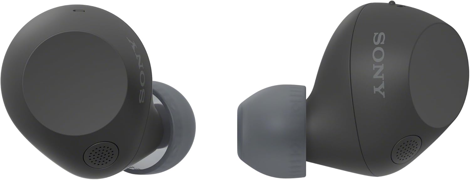 Two black Sony WF-C710N noise cancelling earbuds on white, one turned to show its grey ear tip