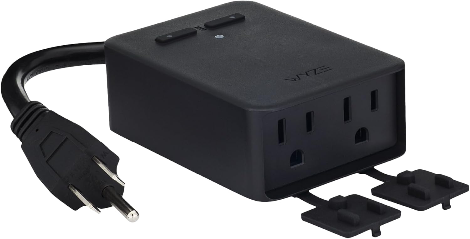 Wyze Plug Outdoor black dual-outlet weatherproof WiFi smart plug with two independently controlled sockets and short pigtail power cord