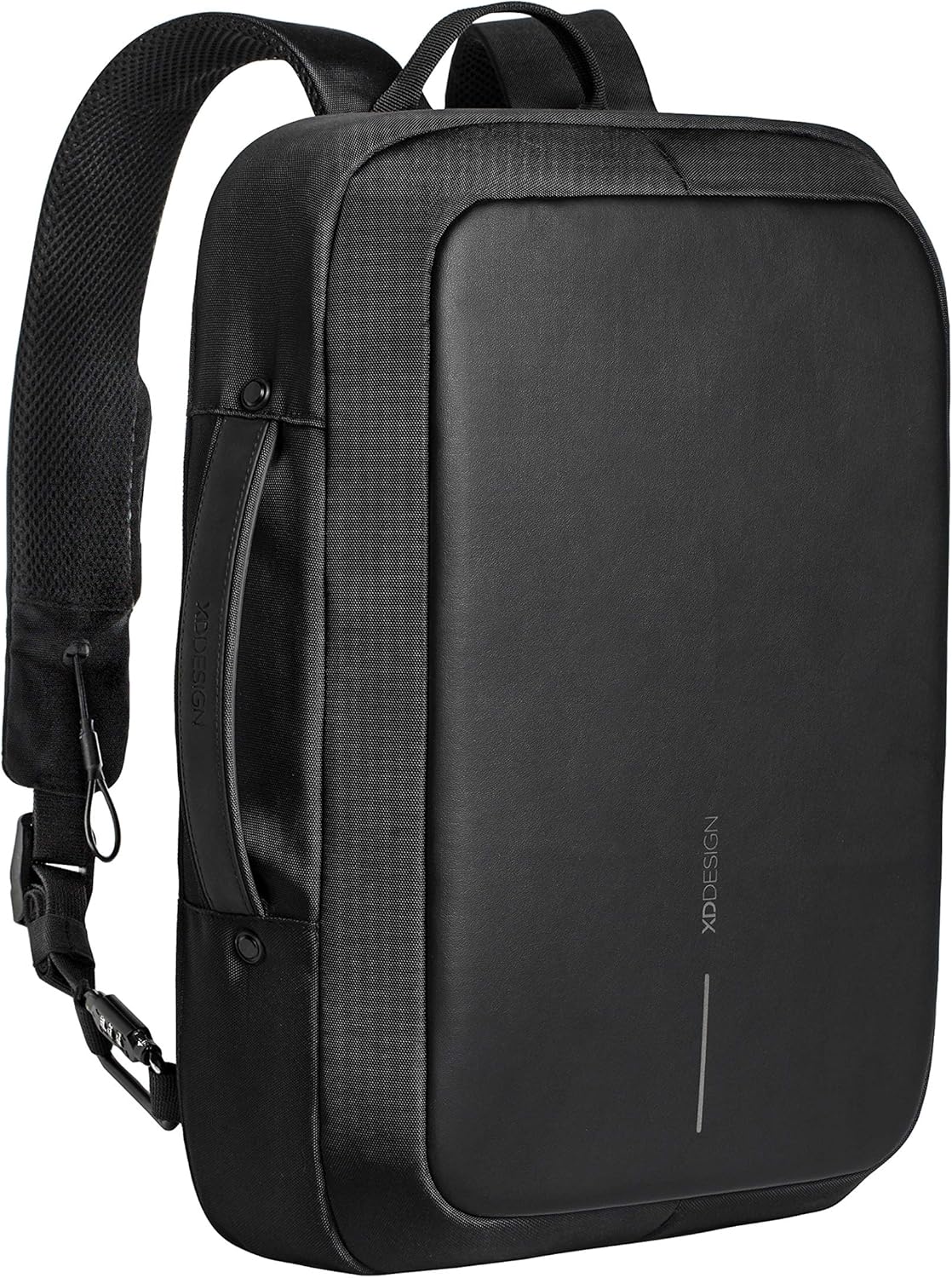 XD Design Bobby Bizz anti-theft backpack in black showing convertible briefcase design with hidden zippers and integrated lock